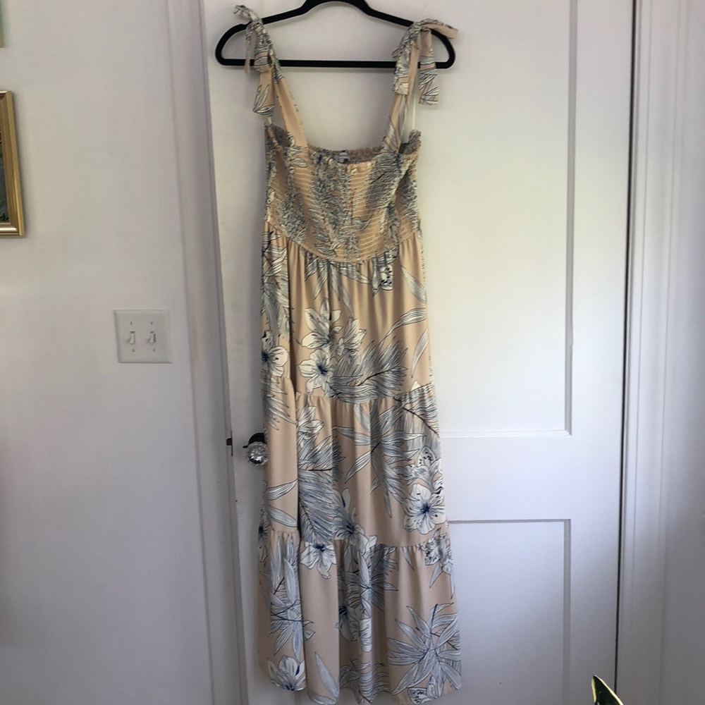 Crescent maxi dress with shirred top and adjustable tie straps